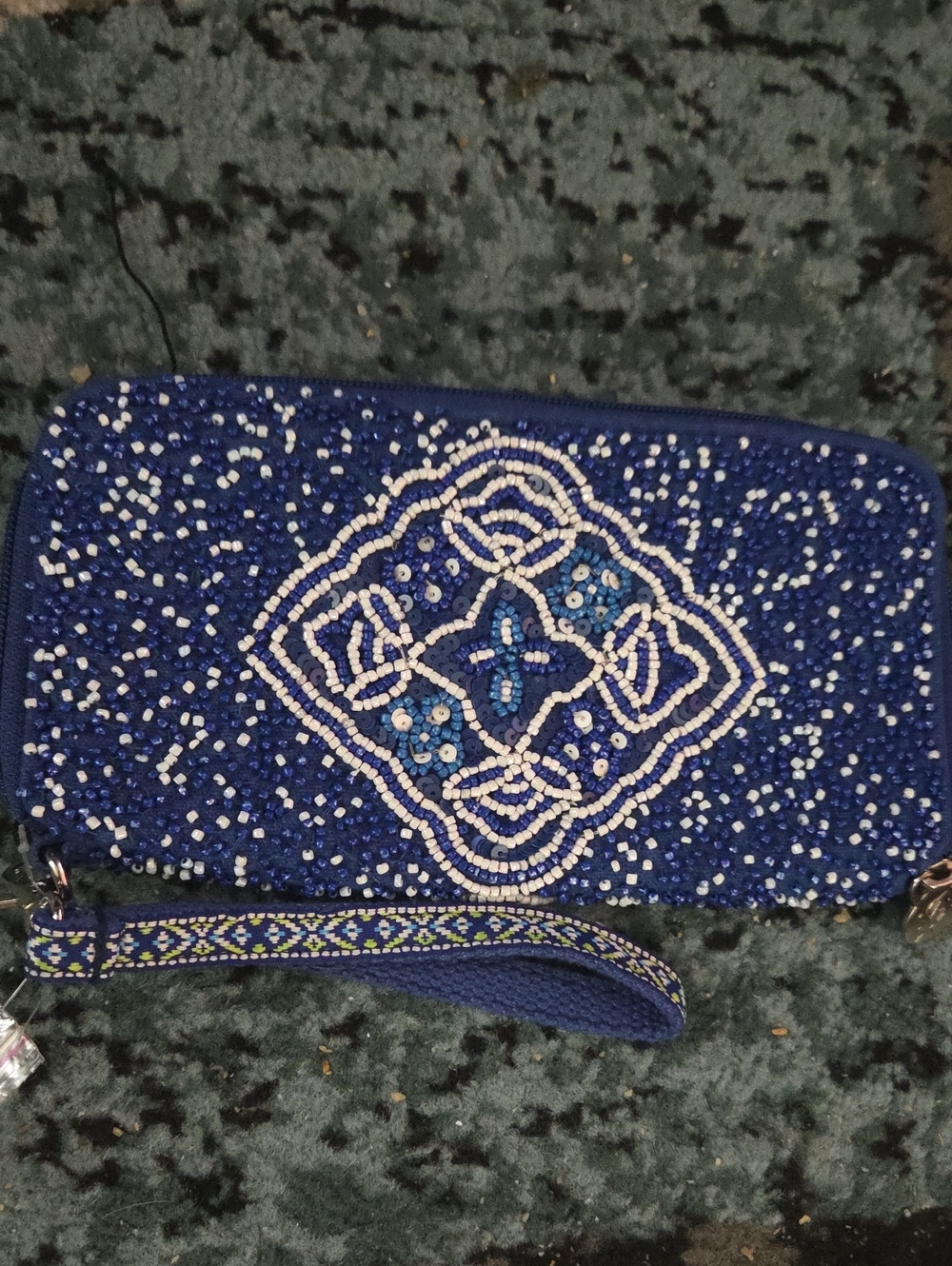 America & Beyond Embellished Blue Beaded Wristlet Clutch
